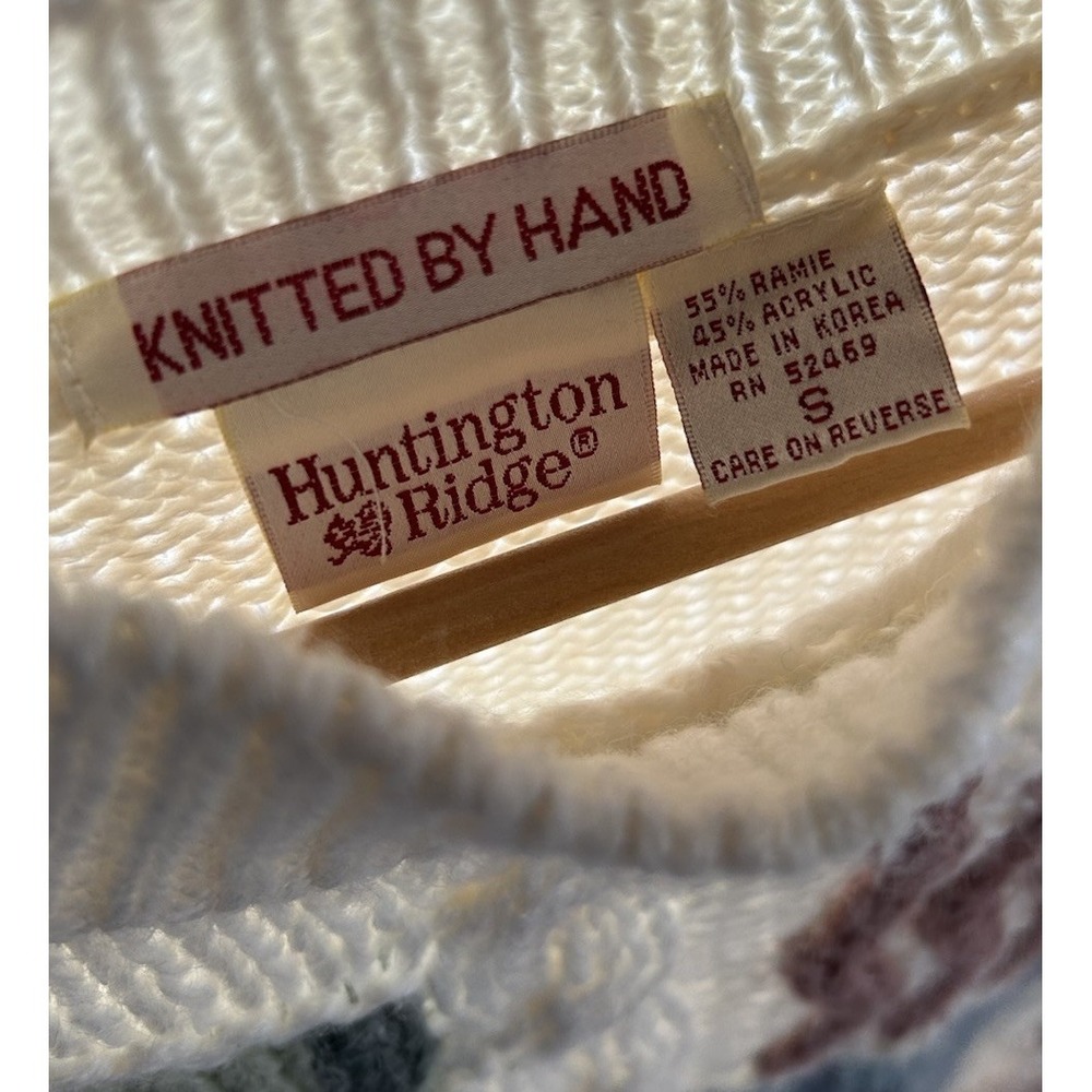 Huntington Ridge Womens Sweater Small White Colorful Patchwork Knitted By Hand - Picture 2 of 5